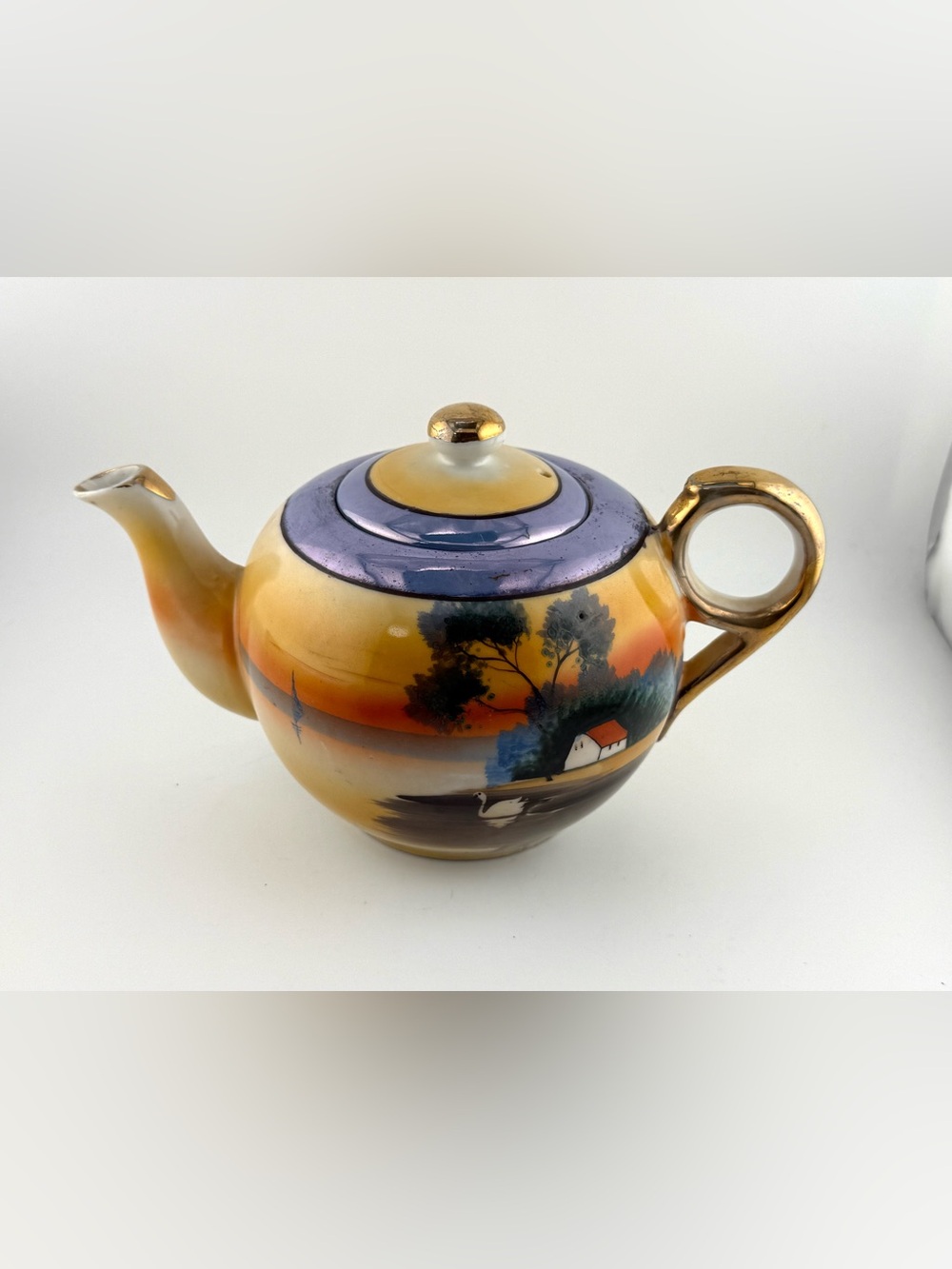 Vintage 1920s Japanese Lusterware Teapot - Hand-Painted Swan & Cottage Landscape